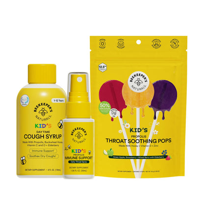 Beekeeper's Naturals Kid's Immune Support Essentials | Propolis Throat Spray, Honey Cough Syrup & Lollipops