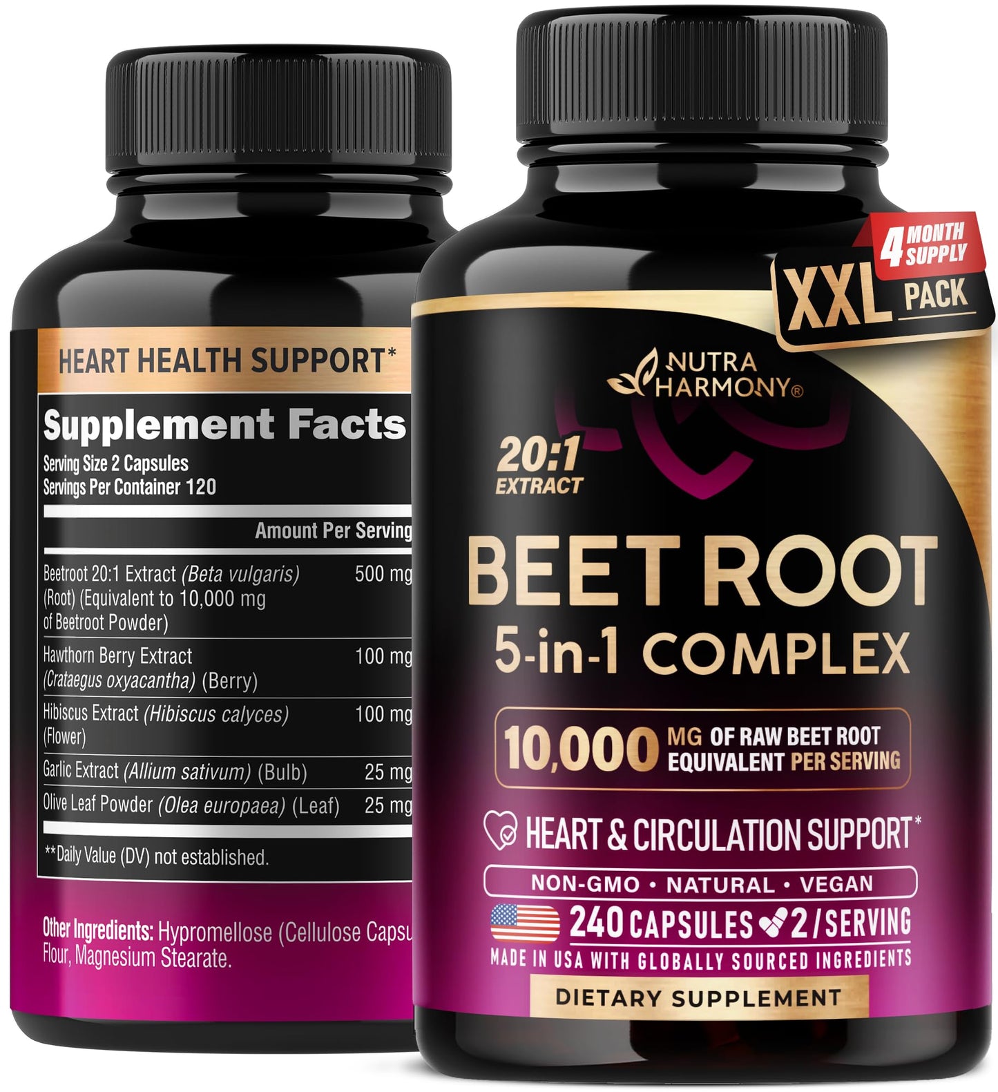 NutraHarmony Beet Root 5-in-1 Complex Capsules — Heart Health & Blood Pressure Support — 240 Capsules, Made in USA