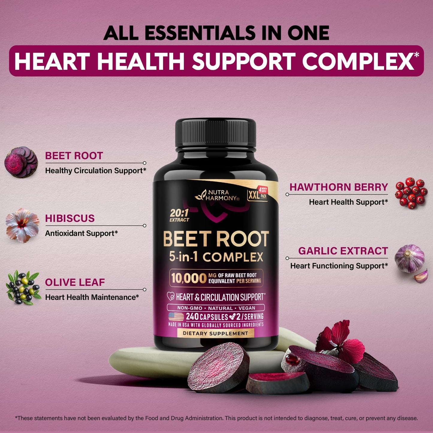 NutraHarmony Beet Root 5-in-1 Complex Capsules — Heart Health & Blood Pressure Support — 240 Capsules, Made in USA
