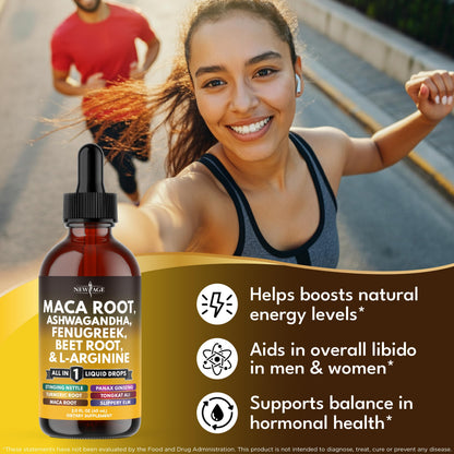 NEW AGE Organic Maca Root Liquid Drops with Ashwagandha, Nettle, Fenugreek, Beet Root & L-Arginine – 8oz