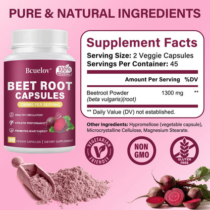 Beet Root Capsules 1300mg – Pure Beetroot Powder for Energy & Endurance | 90 Capsules