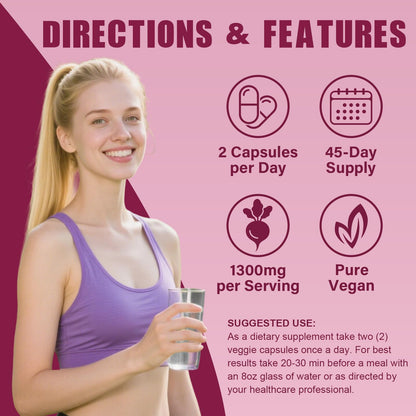 Beet Root Capsules 1300mg – Pure Beetroot Powder for Energy & Endurance | 90 Capsules