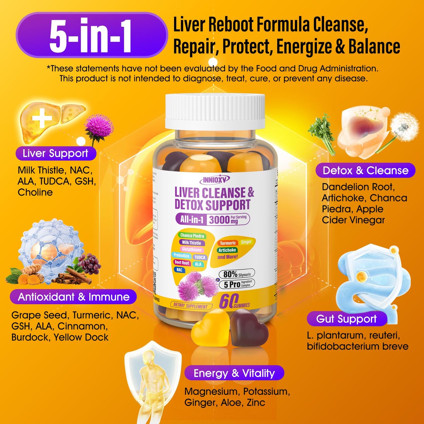 INNIOXV Liver Cleanse Detox Gummies - 29-in-1 Milk Thistle 1500mg, Vegan NAC TUDCA | 60 ct
