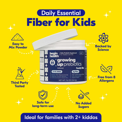 Begin Health Growing Up Prebiotics for Kids — 56-Pack, Unflavored Powder for Digestive Support
