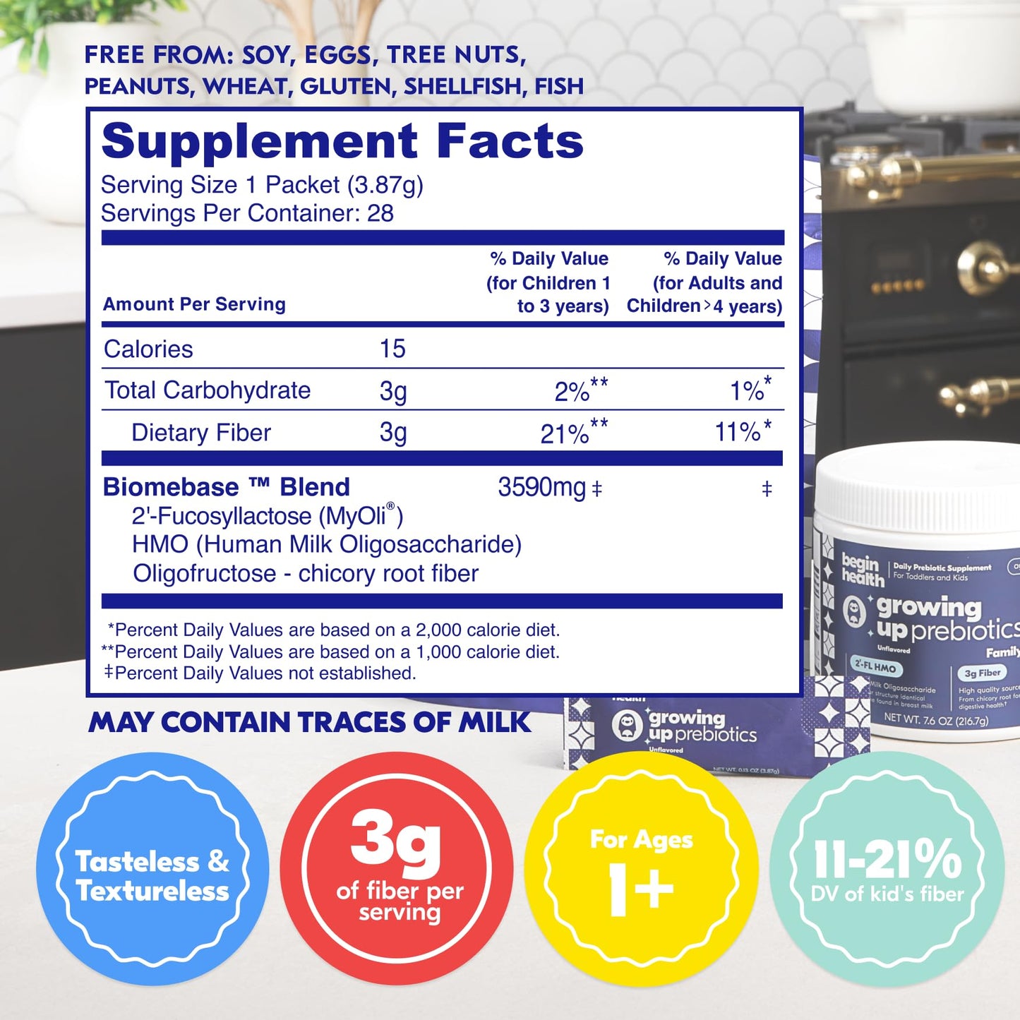 Begin Health Growing Up Prebiotics for Kids — 56-Pack, Unflavored Powder for Digestive Support