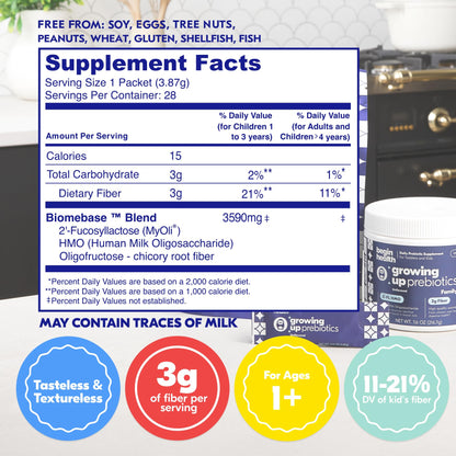 Begin Health Growing Up Prebiotics for Kids — 56-Pack, Unflavored Powder for Digestive Support