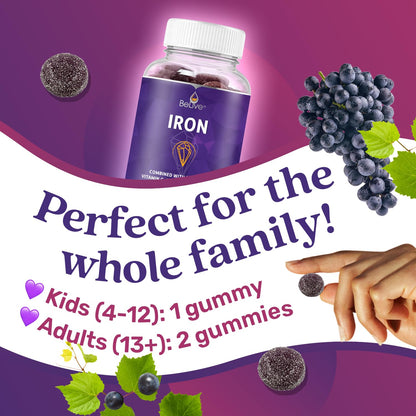 BeLive Iron Gummies - Vegan Multivitamin with Vitamin C & Zinc, Grape Flavor