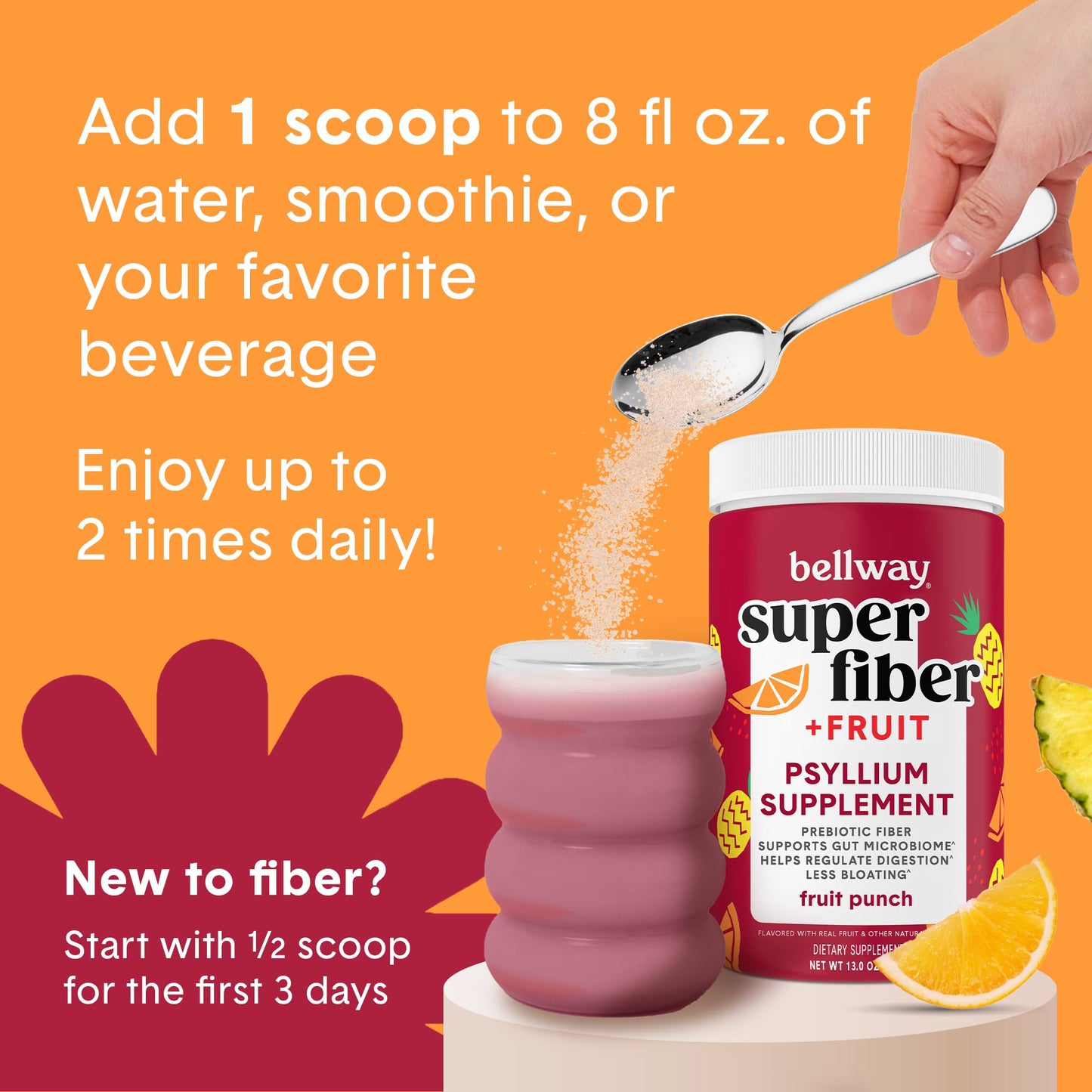 Bellway Super Fiber Powder + Fruit Punch – Sugar-Free Psyllium Husk, 50 Servings