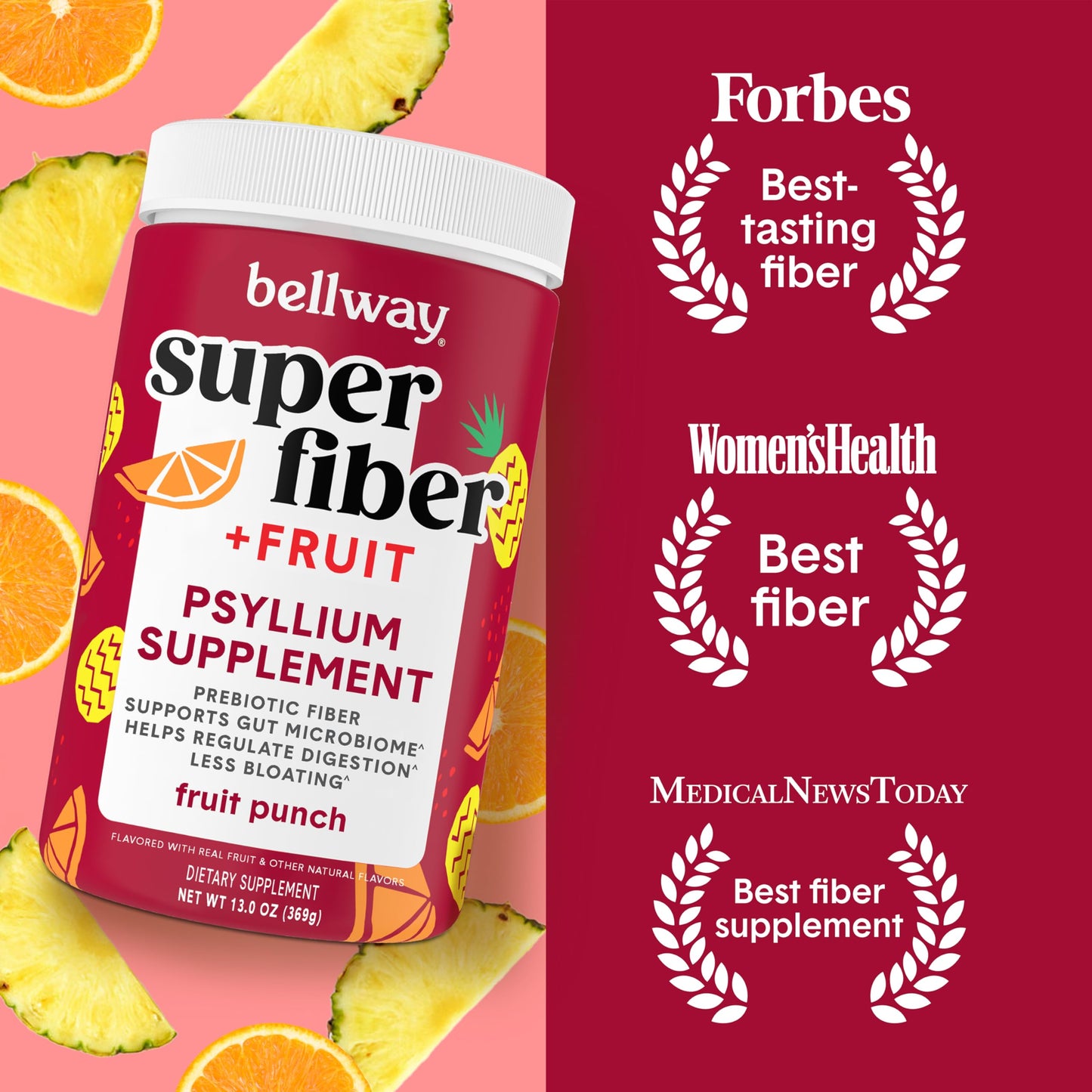 Bellway Super Fiber Powder + Fruit Punch – Sugar-Free Psyllium Husk, 50 Servings