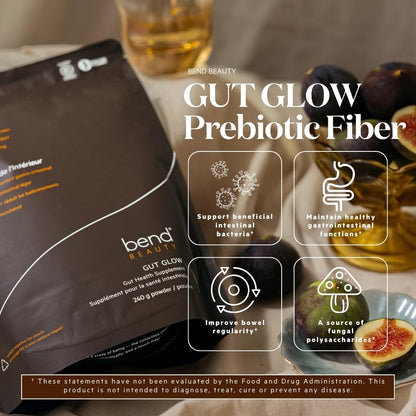 Bend Beauty Gut Glow | Daily Prebiotic Fiber Supplement Powder w/Tremella Mushroom Exract | Digestive Gut Health | 6g of Soluble Fiber per Serving | 100% Organic, Vegan, Sugar Free Fiber | Unflavored