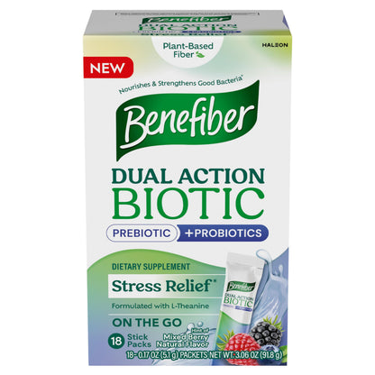 Benefiber Dual Action Biotic Plus Stress Relief – 18 Count Stick Packs | Digestive Health & Calm