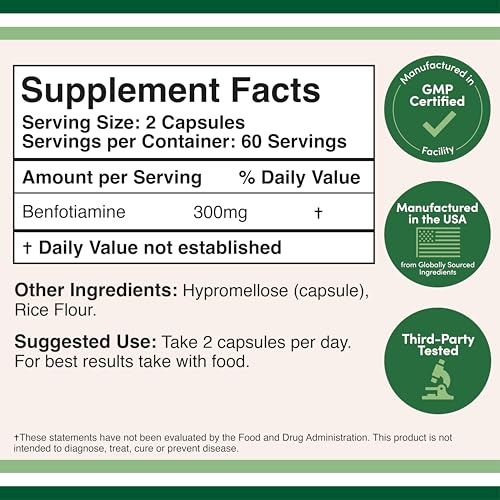 Double Wood Benfotiamine 300mg Servings – 2-Pack, 120 Capsules per Bottle, Third-Party Tested, Non-GMO