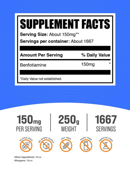 BulkSupplements Benfotiamine Powder – Vitamin B1 (Fat-Soluble), 150 mg/Serving, Gluten Free, 250 g