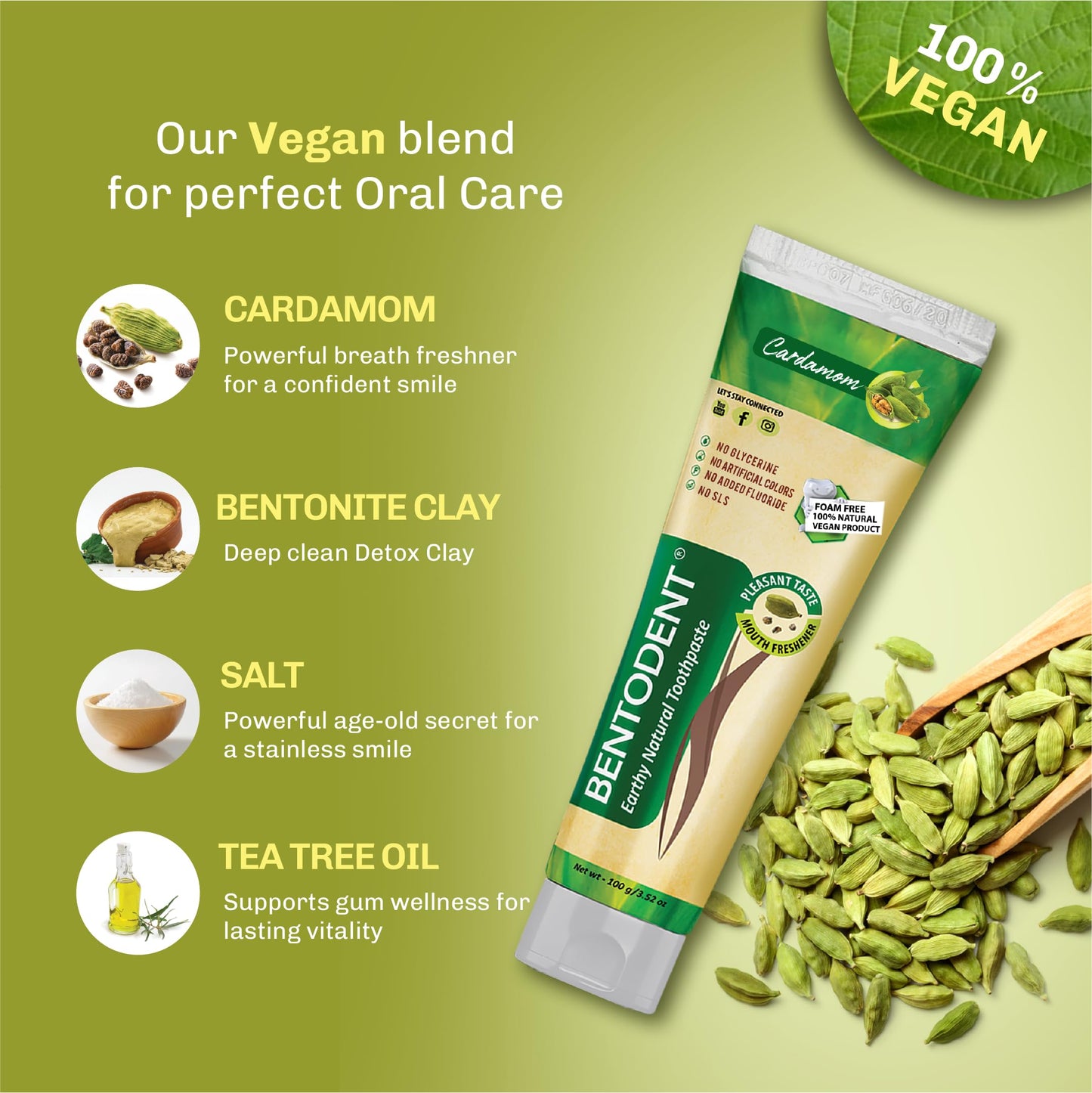 BENTODENT Fluoride-Free Remineralizing Calcium Bentonite Clay Toothpaste – Cardamom, Mint-Free, 3.52 oz