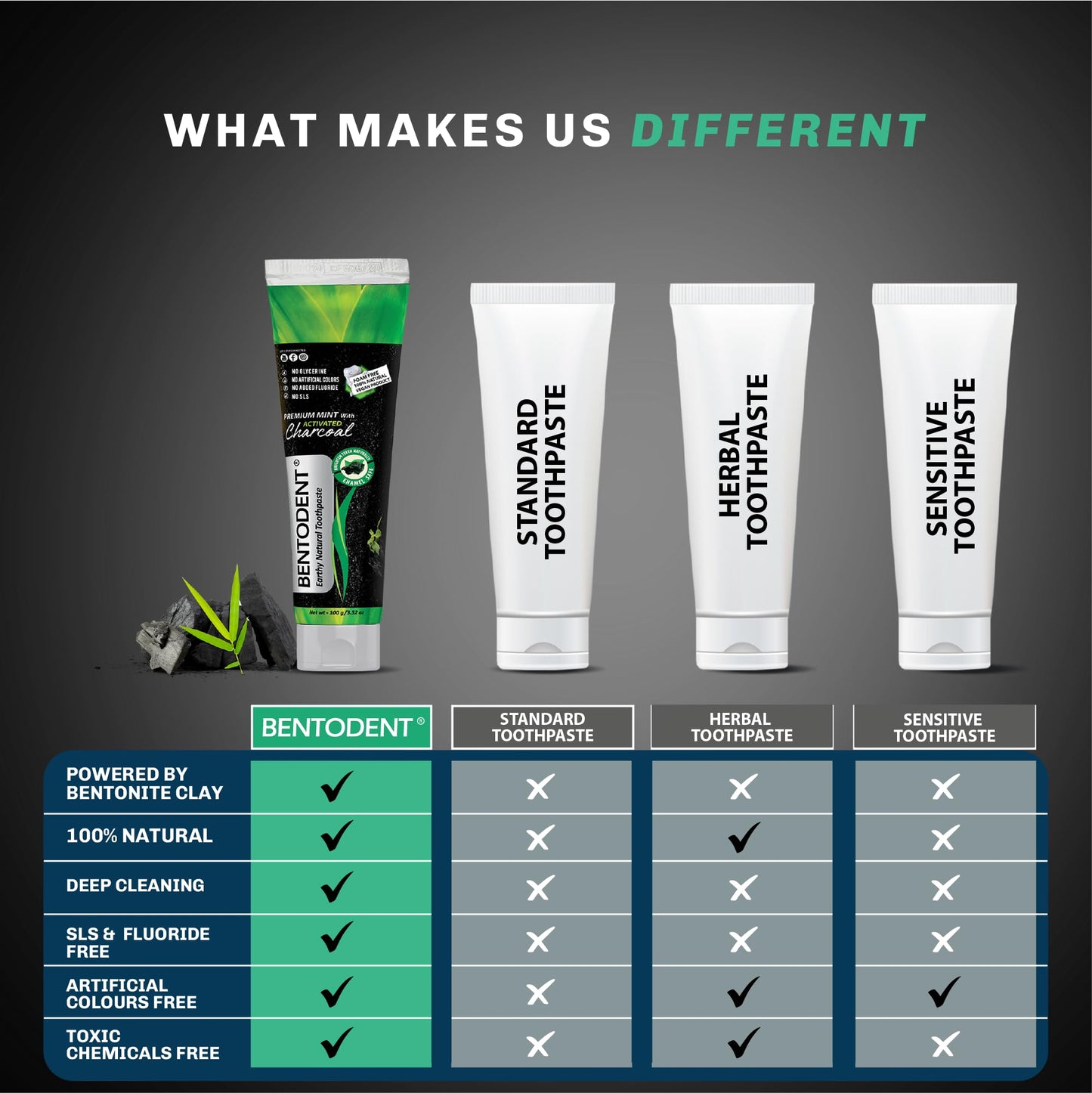 BENTODENT Toothpaste - Bentonite Clay & Activated Charcoal, Fluoride-Free, SLS-Free, Vegan, 3.52 oz