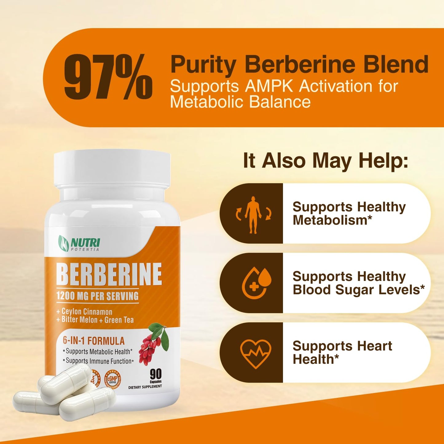 Berberine 1200mg Complex – Berberine HCl with Cinnamon, Bitter Melon & Green Tea (90 Capsules) – Gluten Free & Non-GMO