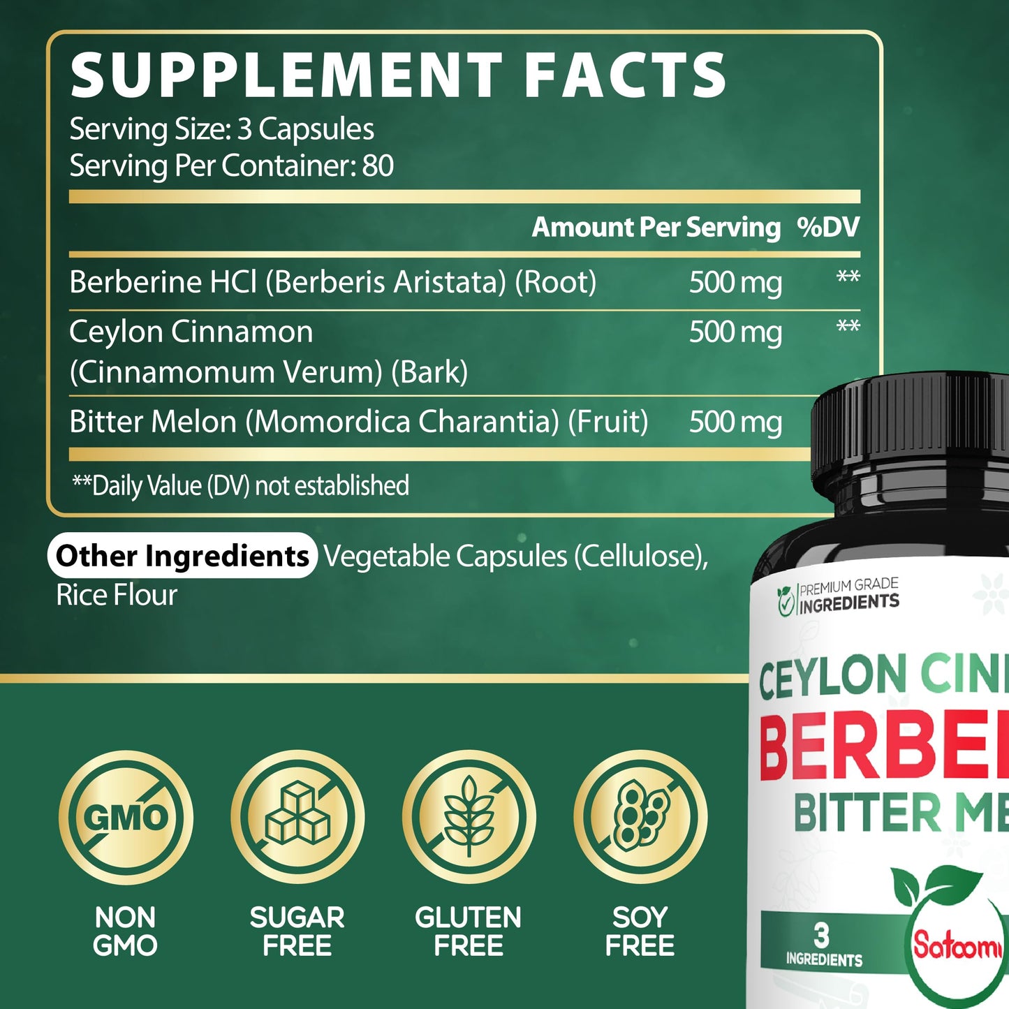 Berberine 1500mg with Organic Cinnamon Bark & Bitter Melon – 240 Vegan Capsules (80 Servings)