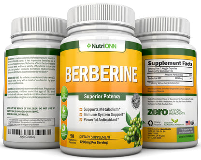 Berberine 1200 mg per Serving | 90 Vegetarian Capsules | Berberine HCl Immune Support