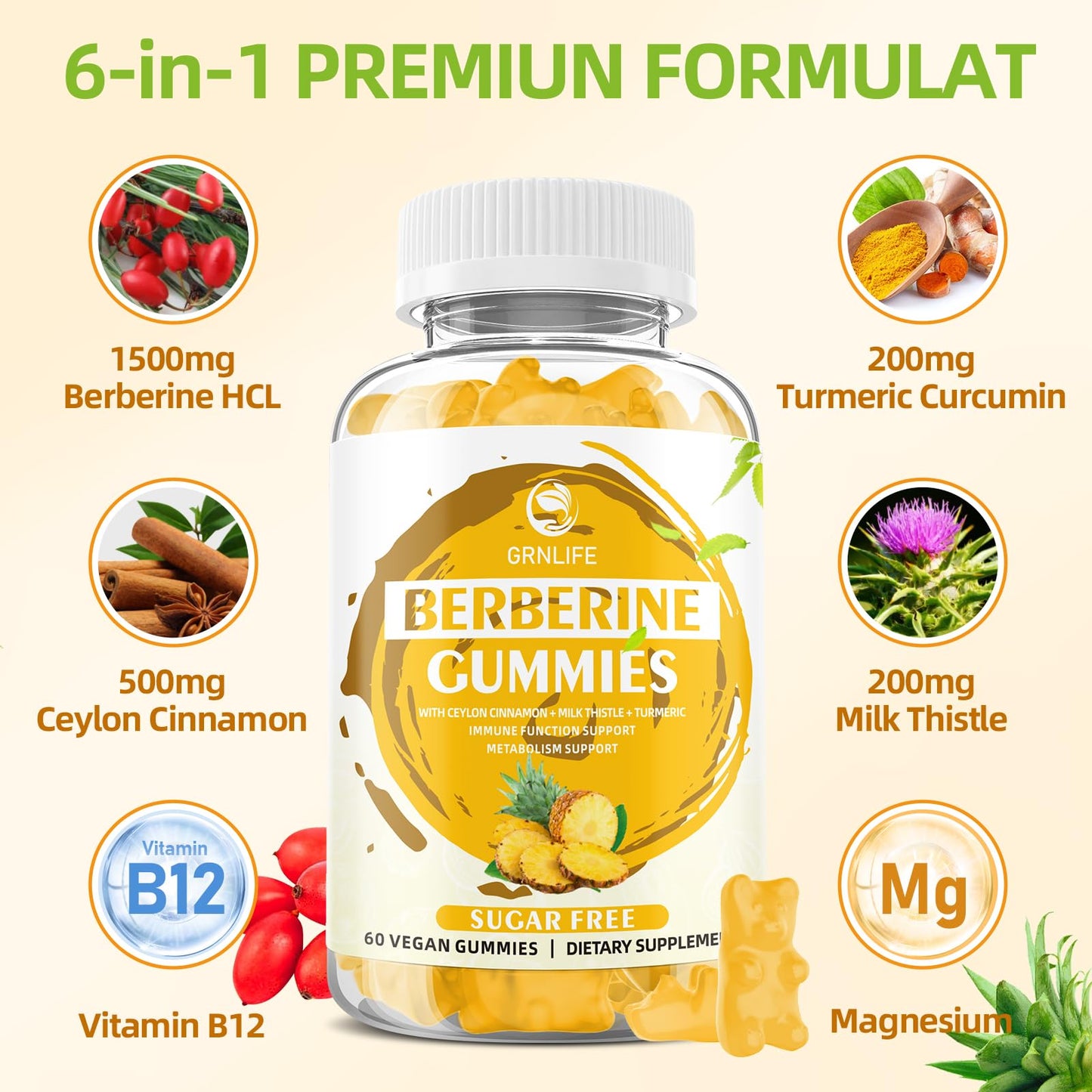 Berberine Gummies with Ceylon Cinnamon 1500mg | Immune & Metabolism Support | Sugar Free Pineapple 60 Count