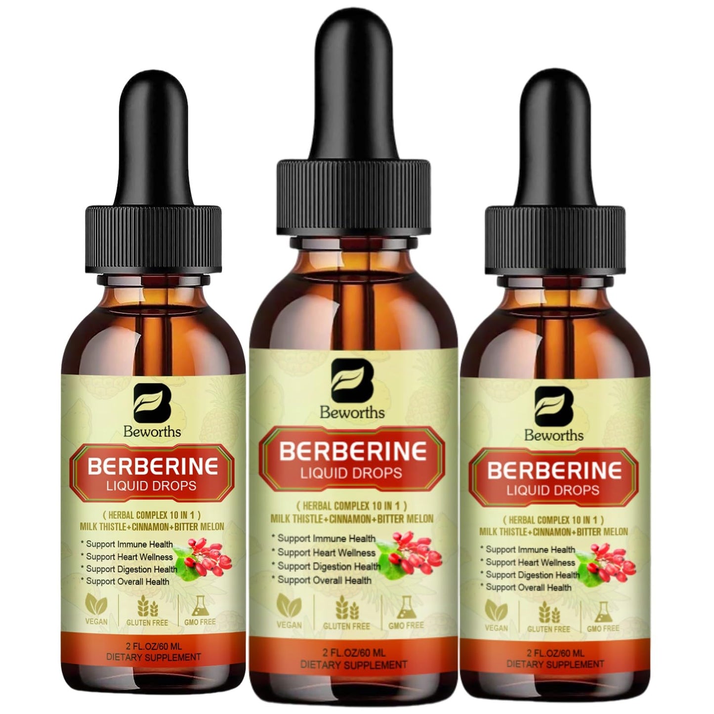 B BEWORTHS Berberine Drops – 3PC Berberine Supplement with Ceylon Cinnamon, Turmeric & Bitter Melon
