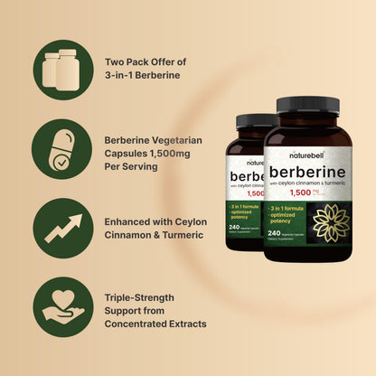 NatureBell Berberine 1500mg with Cinnamon & Turmeric – 2 Pack Veggie Capsules | 97% Pure Berberine HCl