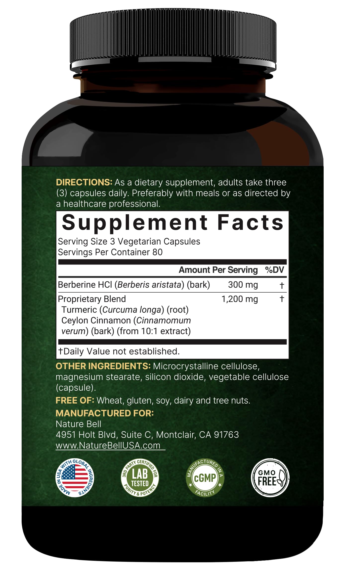 NatureBell Berberine 1500mg with Cinnamon & Turmeric – 2 Pack Veggie Capsules | 97% Pure Berberine HCl