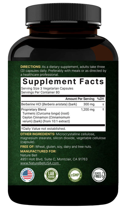 NatureBell Berberine 1500mg with Cinnamon & Turmeric – 2 Pack Veggie Capsules | 97% Pure Berberine HCl