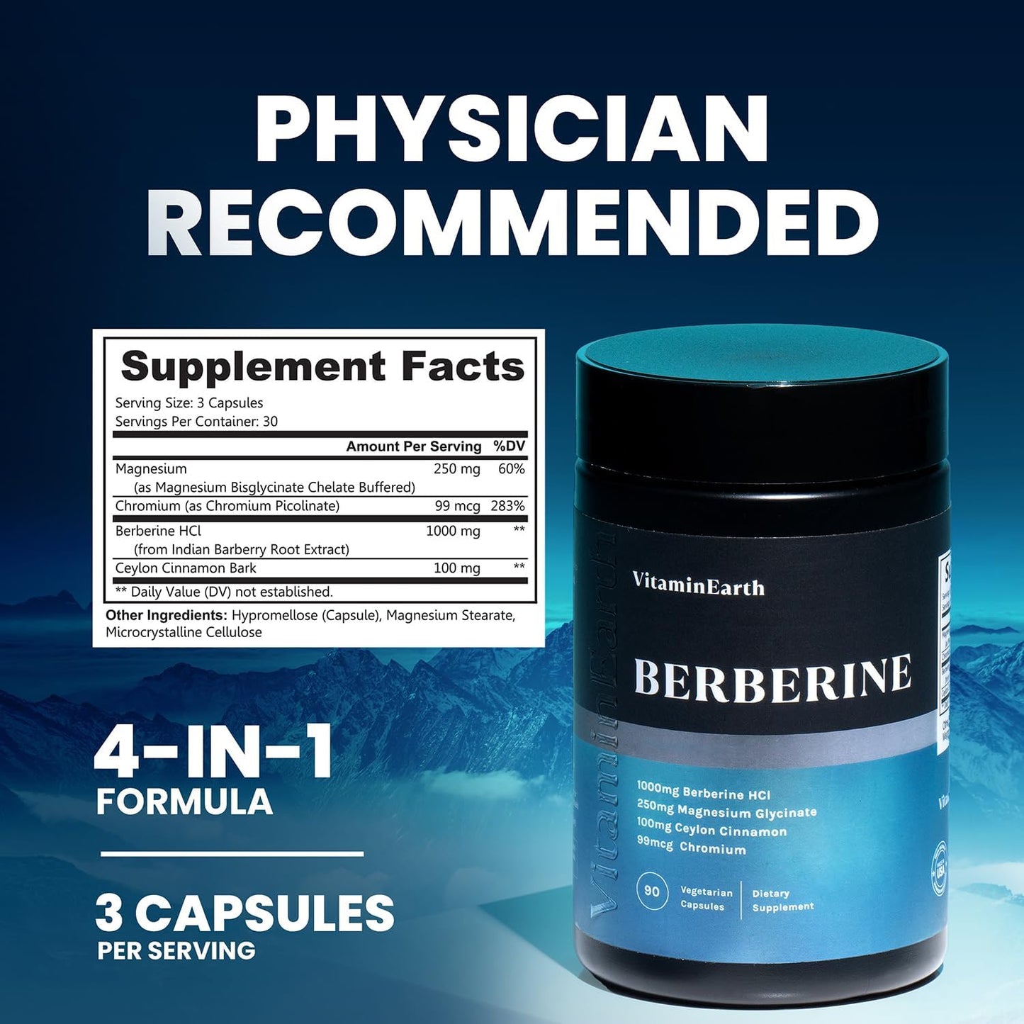 Vitamin Earth Berberine Complex – 1000mg Berberine HCl + Magnesium, Cinnamon, Chromium | 90 Capsules