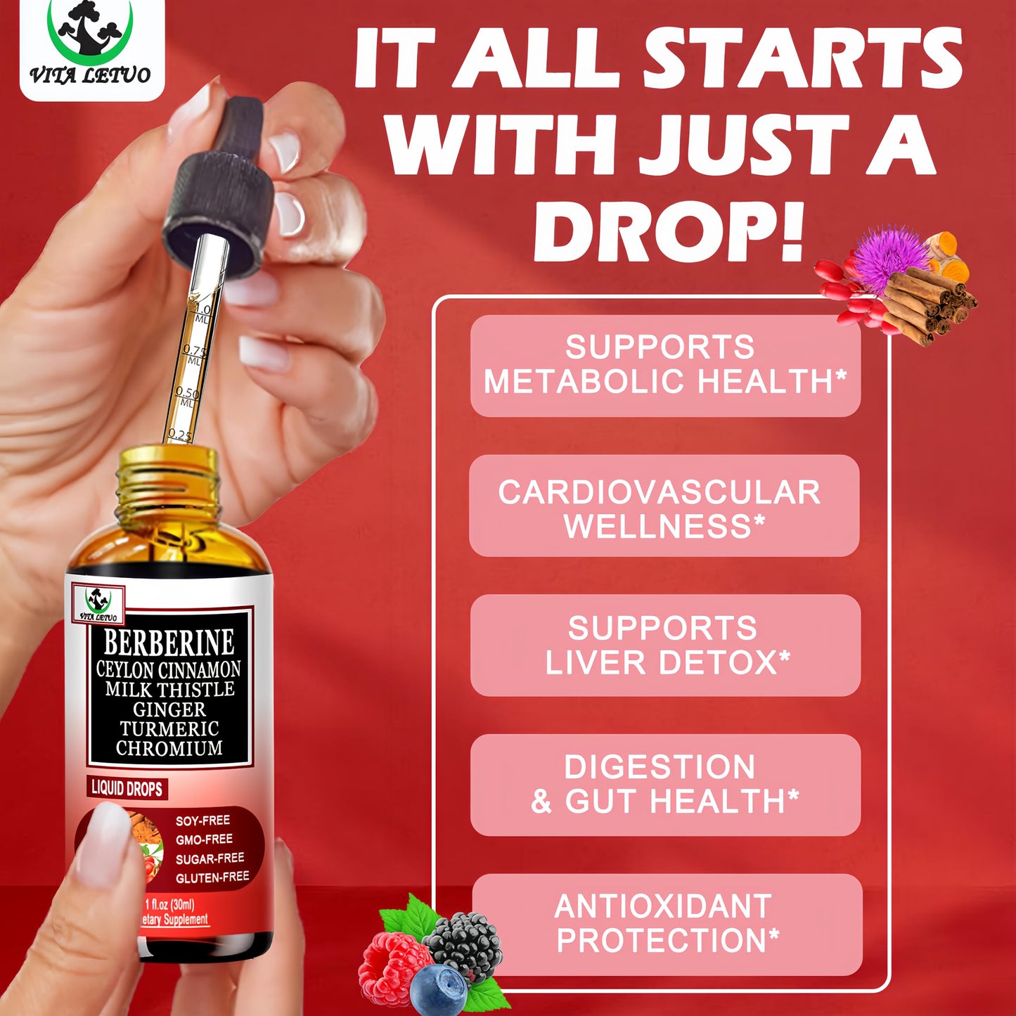 Berberine Drops - 6-in-1 High-Absorption Liquid Berberine (30 Servings)