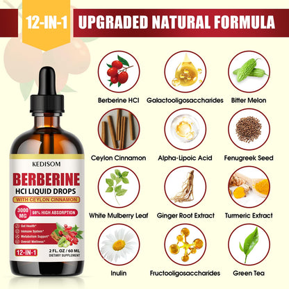 12-in-1 Berberine Liquid Drops – 2 Fl Oz, 3000mg Liposomal Berberine HCL with Cinnamon & Turmeric