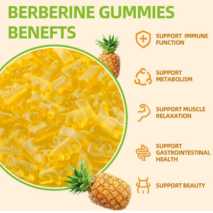 Berberine Gummies with Ceylon Cinnamon 1500mg | Immune & Metabolism Support | Sugar Free Pineapple 60 Count
