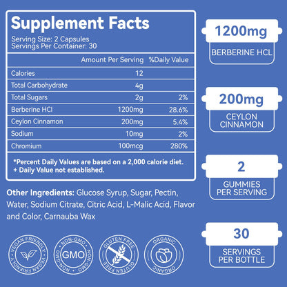 Berberine Gummies with Ceylon Cinnamon – 1200mg Berberine HCI, Metabolism & Energy Support, Vegan, Non-GMO, Gelatin-Free, 60 Count