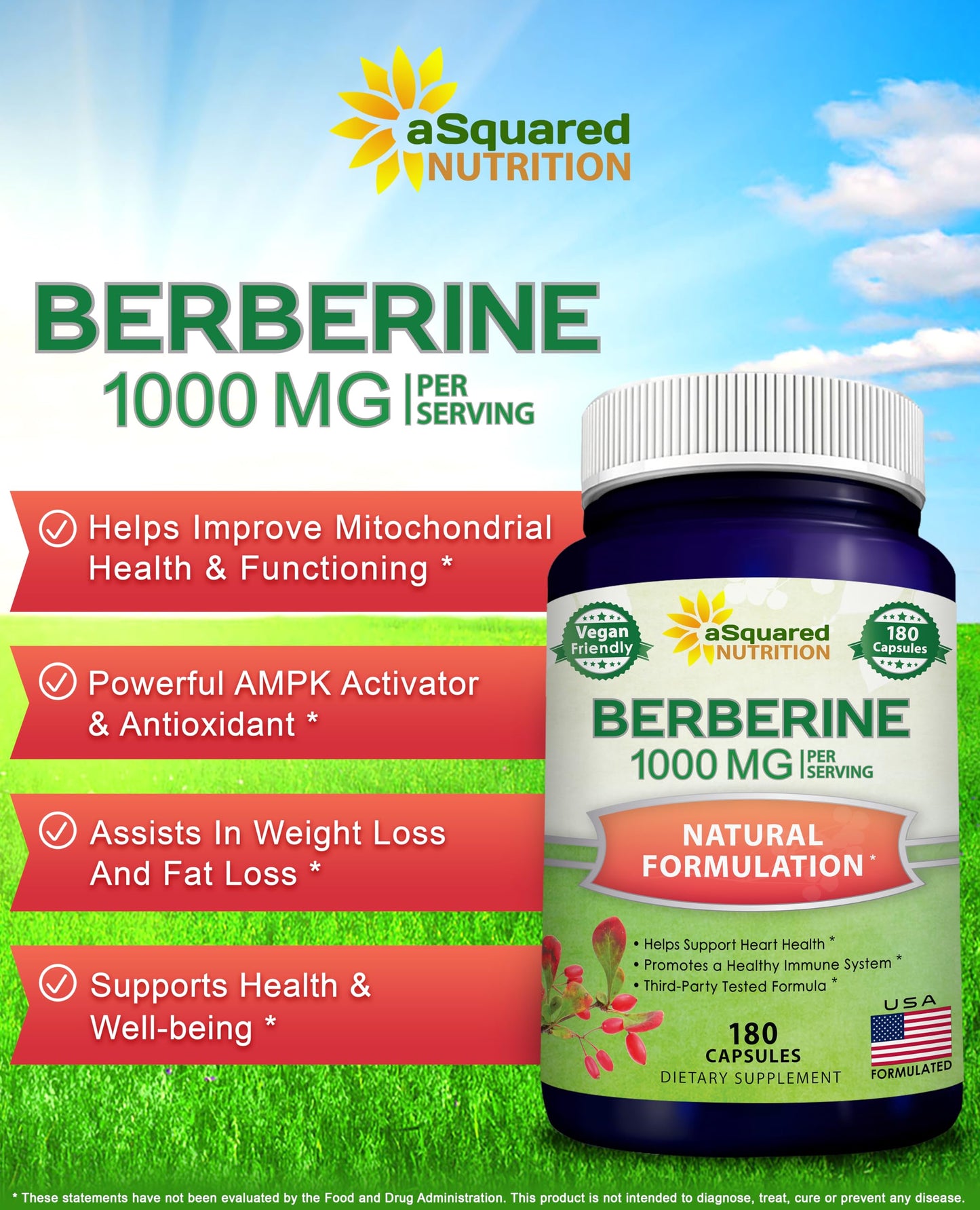 aSquared Nutrition Pure Berberine 1000mg – 180 Veggie Capsules | Max Strength HCl