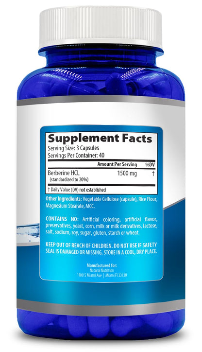 Natural Berberine HCL Extra Strength 1500mg - 120 Capsules | Gluten Free & Non-GMO