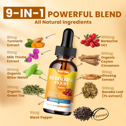 Berberine Liquid Drops 1500mg with Cinnamon & Pineapple Flavor – 2 Fl Oz