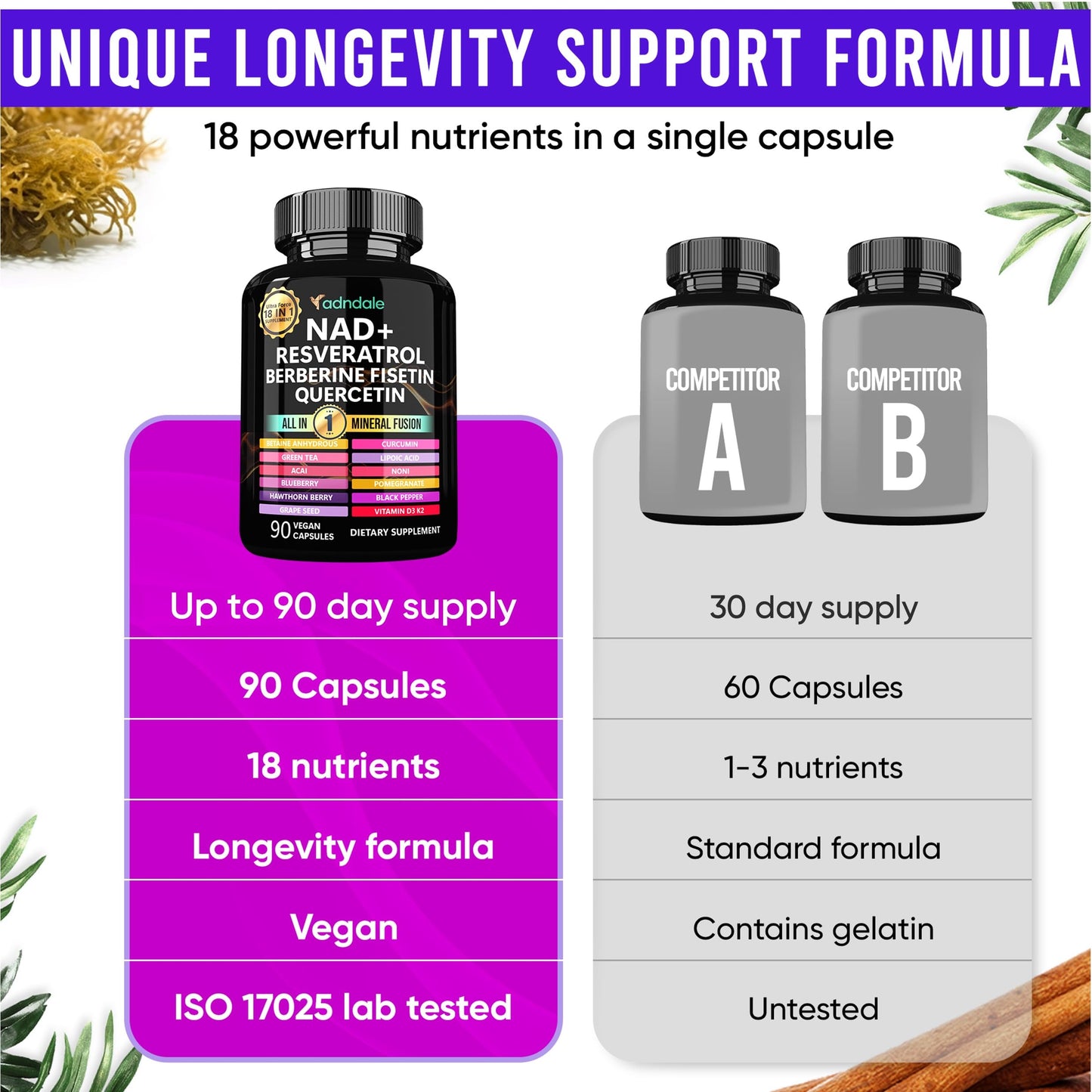 Adndale NAD Supplement – Longevity Formula with NAD+, Trans-Resveratrol, Berberine, Quercetin, 180 Capsules