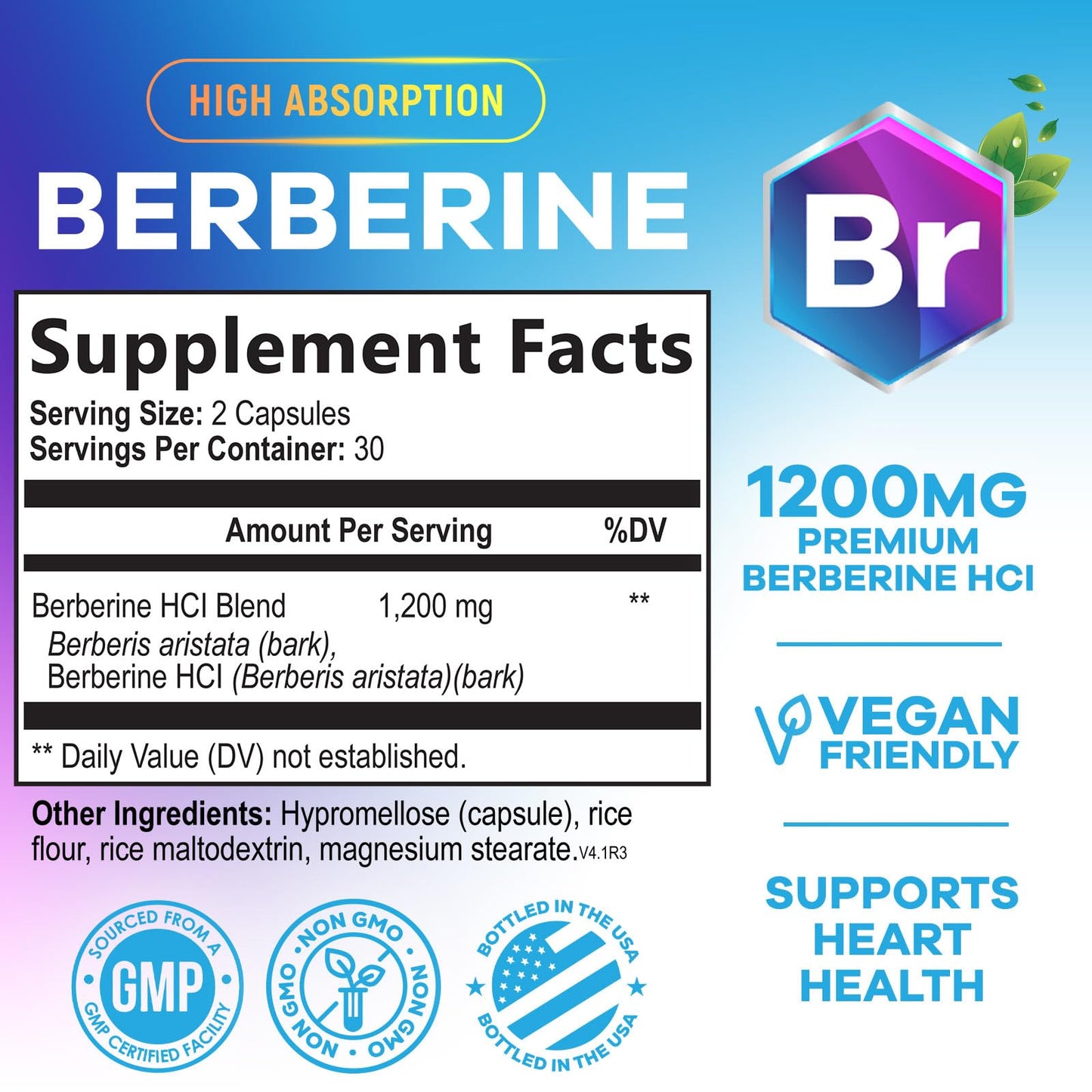 Berberine HCL 1200mg Supplement – High-Absorption Berberine HCL Capsules for Heart Health & Immune Support | Vegan, Gluten-Free, Non-GMO – 60 Veggie Capsules