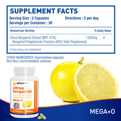 BergaMet Citrus Bergamot Supplement | 170:1 Extract, 1200mg per Serving, 80% Polyphenols