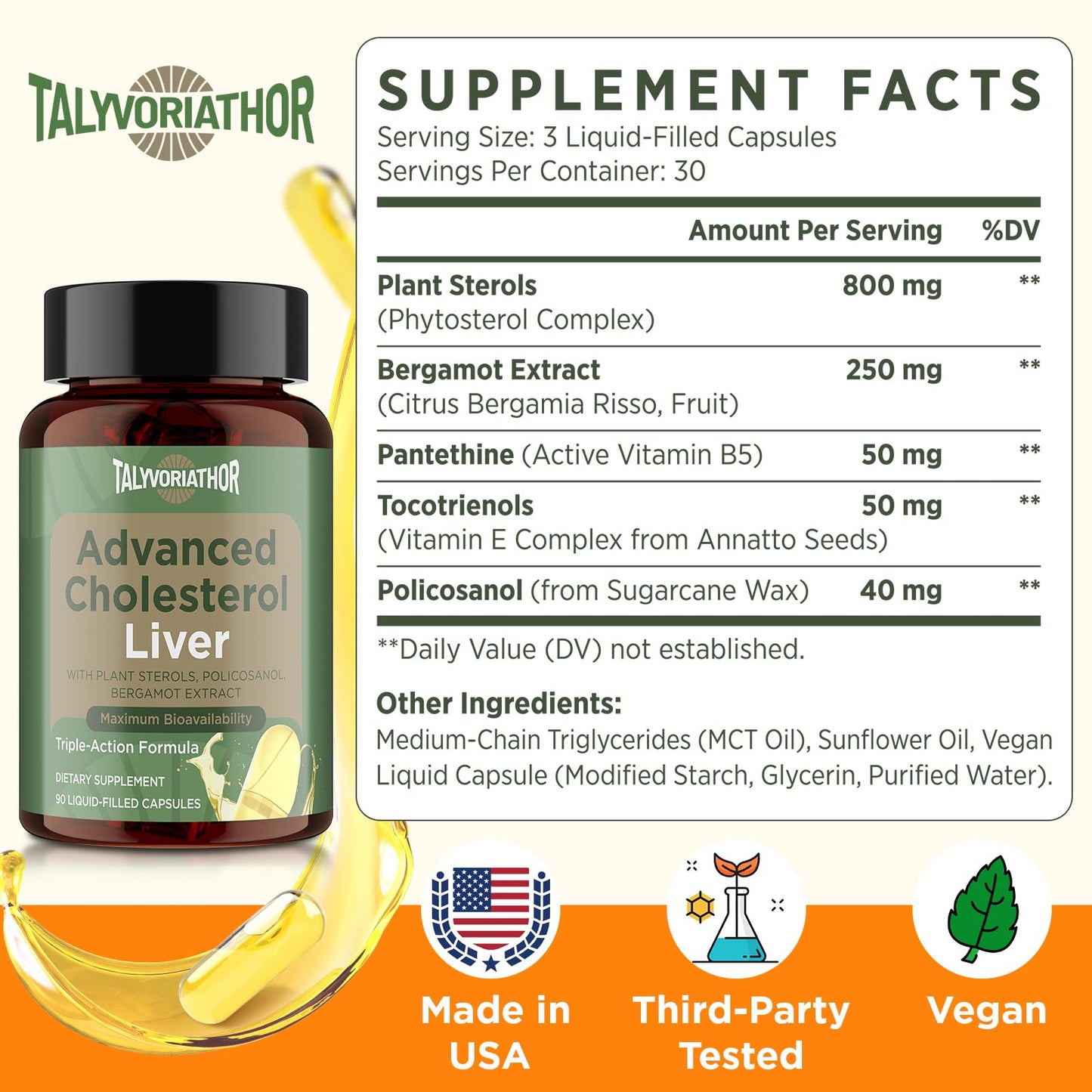 Talyvoriathor Advanced Cholesterol Support – Liquid-Filled Capsules with Plant Sterols, Policosanol & Bergamot