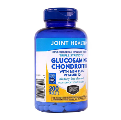 Berkley Jensen Glucosamine Chondroitin MSM – Triple Strength Joint Support, Vitamin D3, 200 Count – NSF Certified