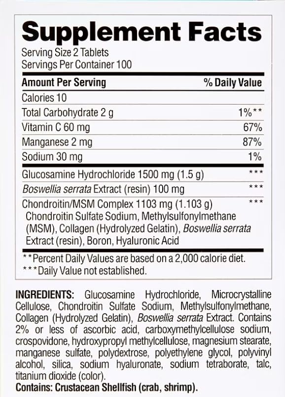 Berkley Jensen Triple Strength Glucosamine Chondroitin MSM Boswellia Complex 2703 mg — Joint Support (200 Tablets)