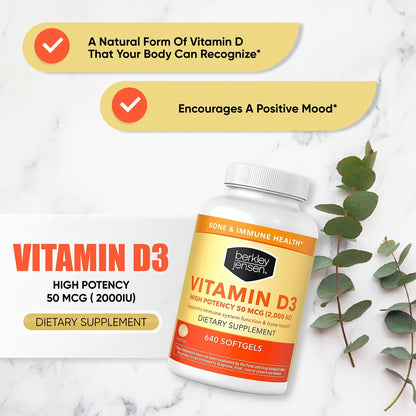 Berkley Jensen Vitamin D3 2000IU (50 mcg) – 640 Softgels, USA Made