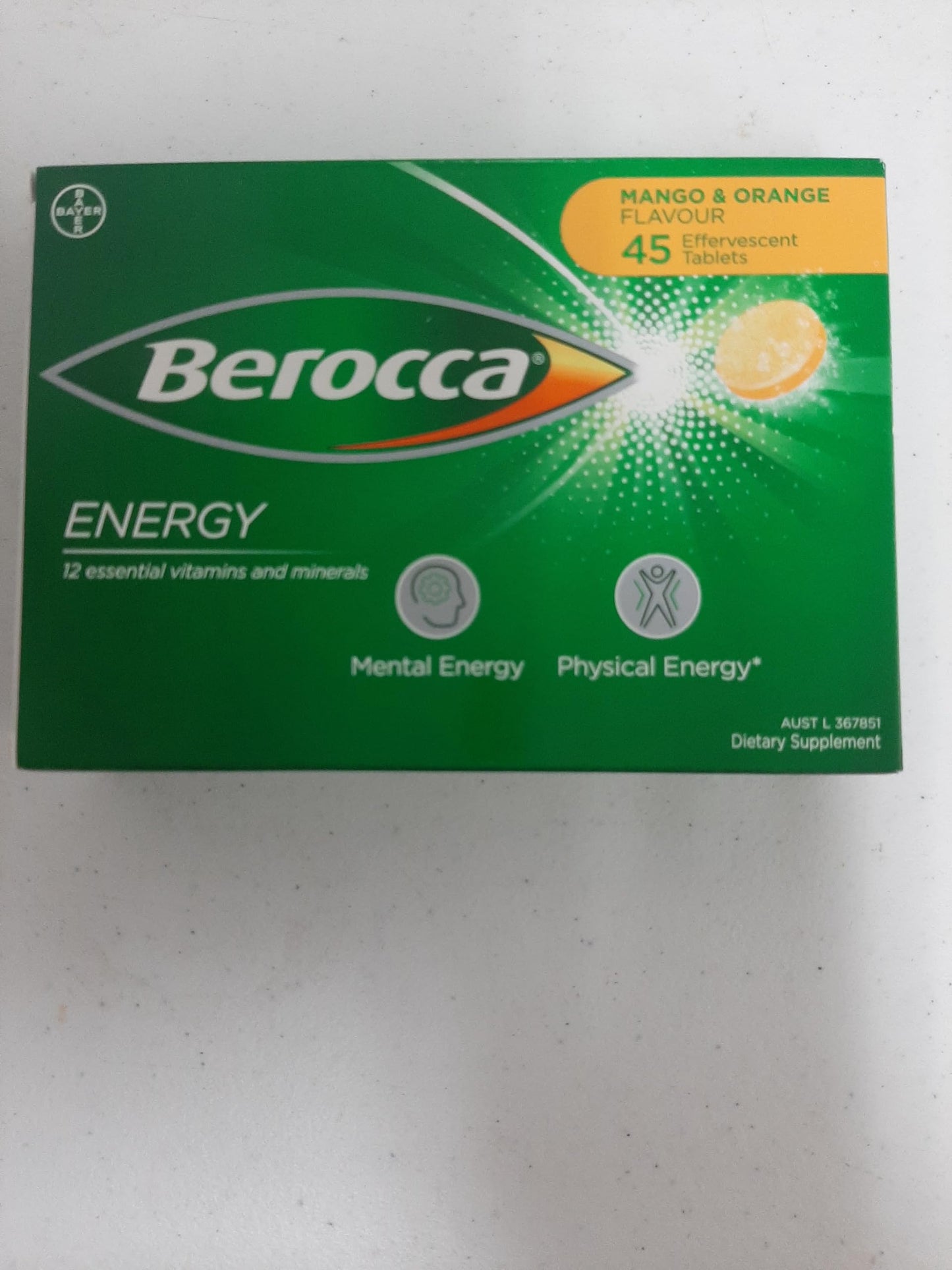 Berocca Energy Mango-Orange Flavor Effervescent Tablets – Vitamin B & C, 45 Count