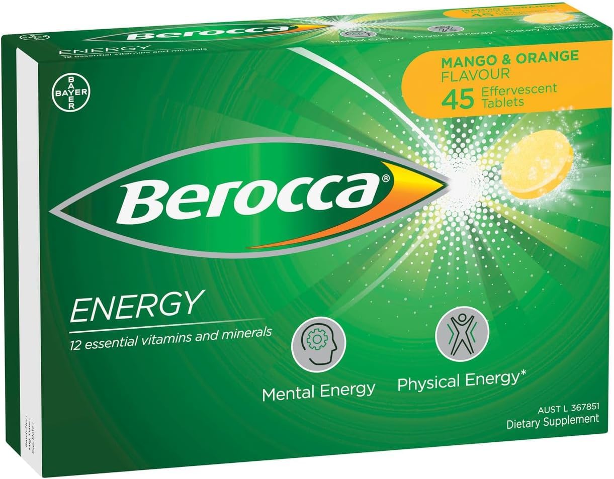 Berocca Energy Mango-Orange Flavor Effervescent Tablets – Vitamin B & C, 45 Count