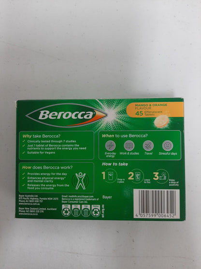 Berocca Energy Mango-Orange Flavor Effervescent Tablets – Vitamin B & C, 45 Count