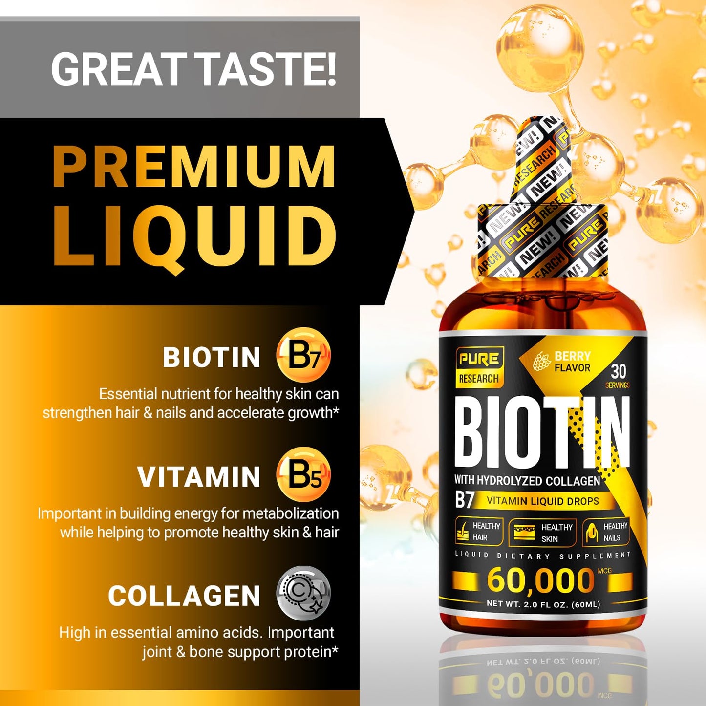 PURE RESEARCH Biotin & Collagen 60,000mcg Hair Growth Liquid Drops – Strong Nails, Healthy Hair & Glowing Skin (4 Fl Oz)