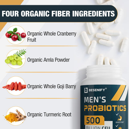 Besenify Probiotics for Men – 500B CFUs, 12 Strains, Turmeric & Cranberry, 240 Capsules