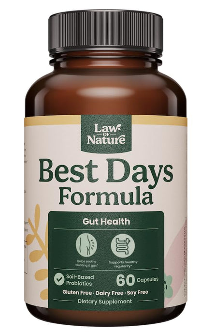 Best Days Formula | 5-in-1 Gut Support with Soil-Based Probiotics | Law Of Nature | 60 Capsules