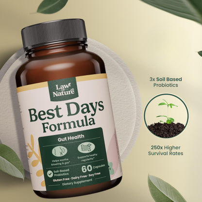 Best Days Formula | 5-in-1 Gut Support with Soil-Based Probiotics | Law Of Nature | 60 Capsules