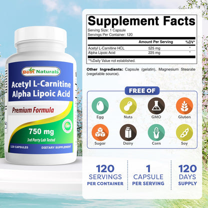 Best Naturals Acetyl L-Carnitine & Alpha Lipoic Acid 750 mg – 360 Count (3 x 120)